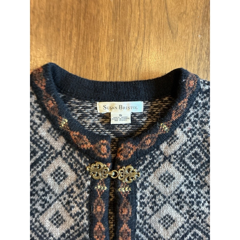 VTG Susan Bristol Cardigan Sweater 100% Wool Metal Nordic Fair Isle Knit Small - Picture 3 of 7
